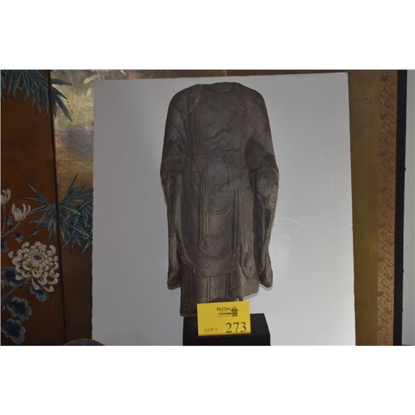 CHINESE STONE TANG DYNASTY BUDDHA TORSO ON STAND, 9TH-10TH C  (24 1/2")