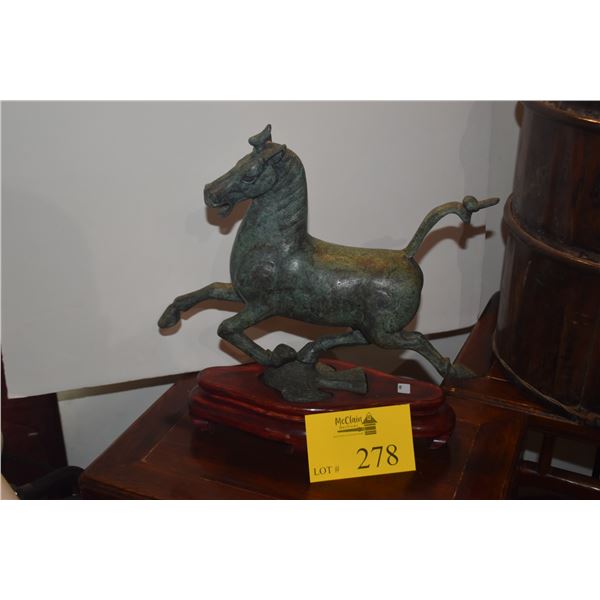 VINTAGE REPRODUCTION BRONZE STATUE, "FLYING HORSE OF GANSU" ON CARVED WOOD BASE (13" X 13")