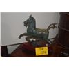 Image 1 : VINTAGE REPRODUCTION BRONZE STATUE, "FLYING HORSE OF GANSU" ON CARVED WOOD BASE (13" X 13")