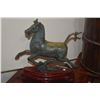 Image 2 : VINTAGE REPRODUCTION BRONZE STATUE, "FLYING HORSE OF GANSU" ON CARVED WOOD BASE (13" X 13")