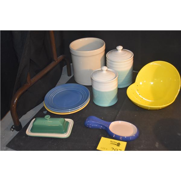 MIXED LOT: BAUER PLATES, CROCK, COVERED CANISTERS, ROYAL COPENHAGEN STAINER/BOWL, LE CREUSET BUTTER 