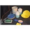 Image 1 : MIXED LOT: BAUER PLATES, CROCK, COVERED CANISTERS, ROYAL COPENHAGEN STAINER/BOWL, LE CREUSET BUTTER 