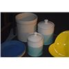 Image 4 : MIXED LOT: BAUER PLATES, CROCK, COVERED CANISTERS, ROYAL COPENHAGEN STAINER/BOWL, LE CREUSET BUTTER 