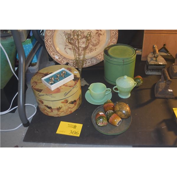 MIXED LOT: SPODE GEORGIAN BOTANICAL PLATTER, FIRE KING CREAMER & SUGAR, CANISTERS, SALT & PEPPER'S, 