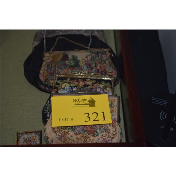 COLLECTION OF PETIT POINT BAGS W/SCENIC TAPESTRY DESIGNS & BLACK/SILVER EVENING BAG & COMPACT (5 PCS