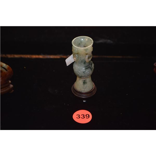 CHINESE JADEITE CARVED MINIATURE ARCHAIC VASE W/STAND (2 1/4")