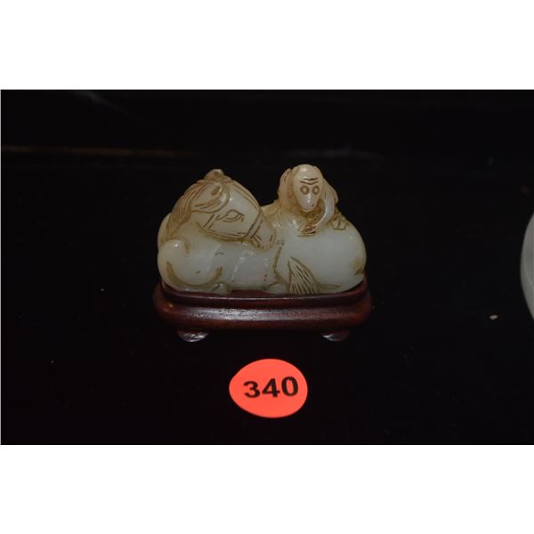 CHINESE NEPHRITE JADE CARVINGS, MONKEY & HORSE W/STAND (2" X 1 1/2")