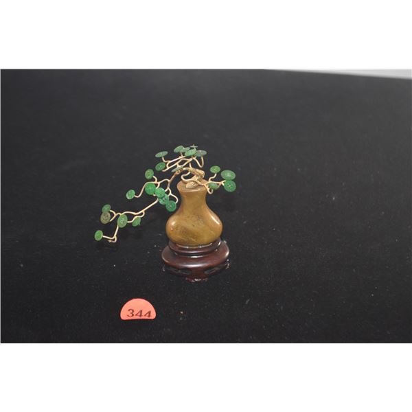 CHINESE MINIATURE VASE W/ANTIQUE GREEN JADE COIN LEAVES & 14K WIRING (3" X 3 1/2")
