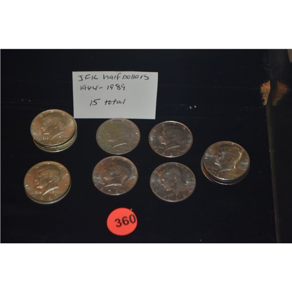 15 JFK HALF DOLLARS: 1964 (4), 1967 (2), 1972, 1976 (5), 1978, 1984, 1989 (15 PCS)