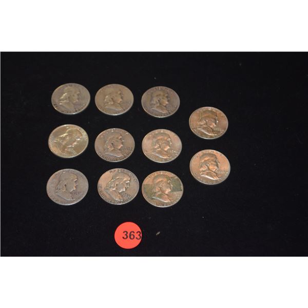 11 FRANKLIN SILVER HALF DOLLARS: 1949, 1951, 1952, 1953 (2), 1954 (2), 1957, 1958, 1959 (2) (11 PCS)