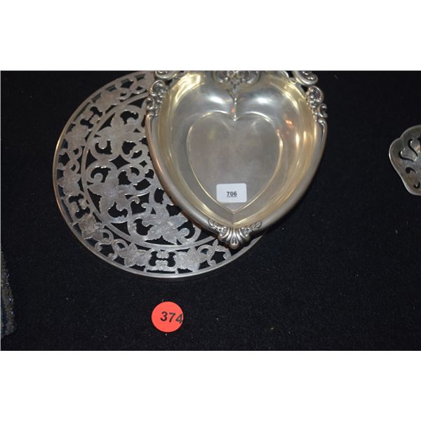 STERLING SILVER GRANDE BAROQUE HEART BOWL & STERLING./GLASS TRIVET (2 PCS)