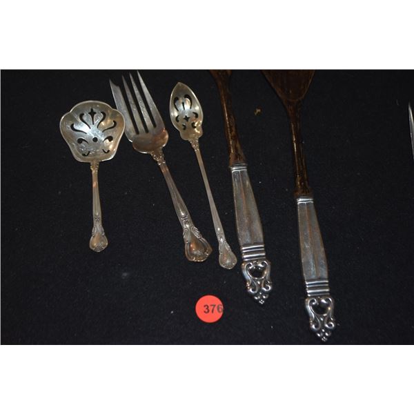 SALAD SERVERS W/STERLING HANDLES, STERLING SPOONS & STERLING FORK (5 PCS)