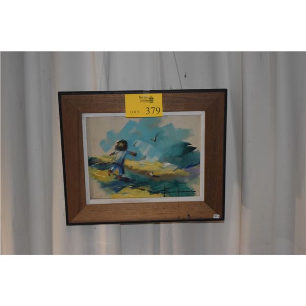 FRAMED OIL ON CANVAS, CHILD CHASING SEAGULLS; SIGNED MARILYN SUNDERMAN (19" X 16 1/2")