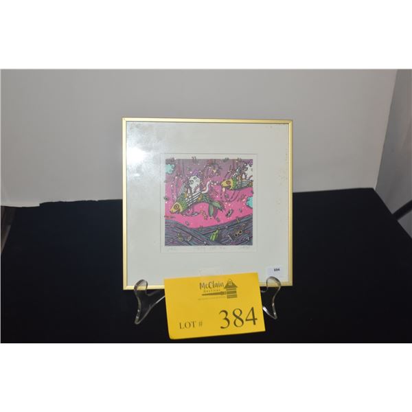 FRAMED LITHOGRAPH, "FLYING CAT FISH"; SIGNED 11/62 (7 3/4" X 7 3/4") (DOES NOT INCLUDE STAND)