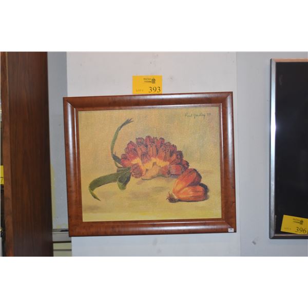 FRAMED VINTAGE FLORAL STILL LIFE ON CANVAS; SIGNED PAUL YARDLEY '69 (23 1/2" X 19 1/2")