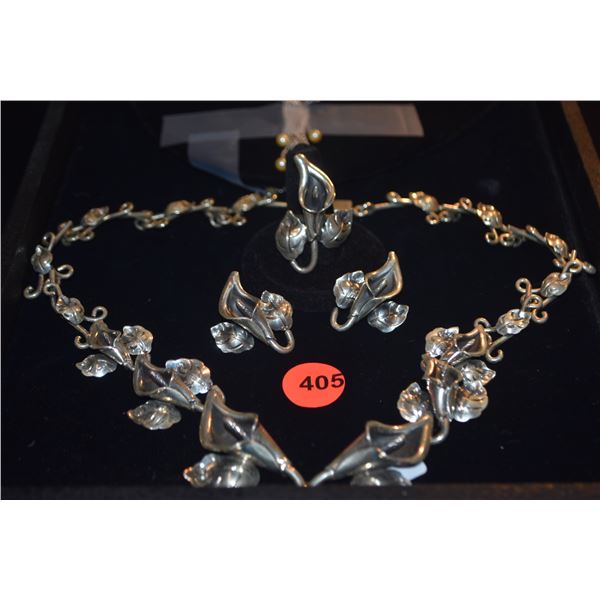 STERLING SILVER CALLA LILY SUITE: NECKLACE, EARRINGS & RING, MEXICO (88 GTW) (3 PCS)