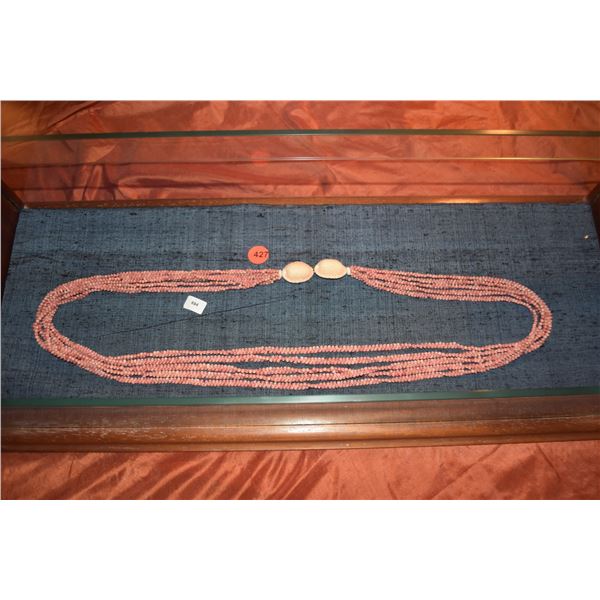 NI'IHAU SHELL LEI, RIBBON STYLE, KAHELELANI AKALA (PINK TURBAN SHELLS) W/COWRIE SHELL CLASP (38") (D