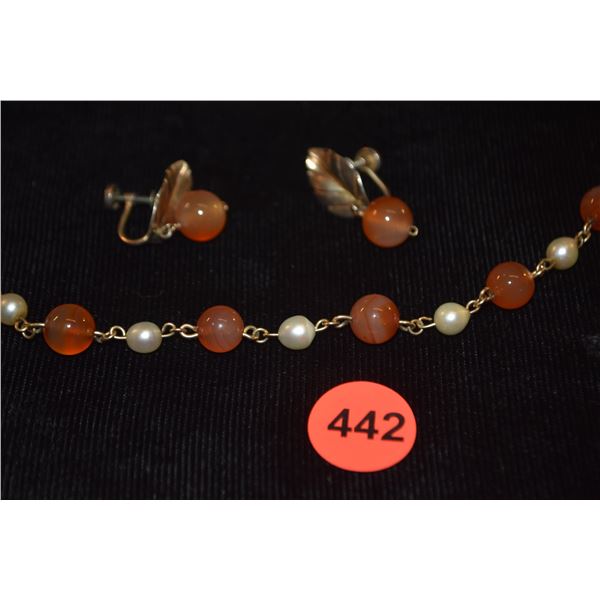 MING'S STERLING SILVER CARNELIAN EARRINGS & GOLD FILLED CARNELIAN & PEARL BRACELET (2 PCS)