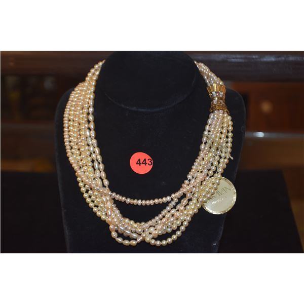 8 STRAND PINK BIWA CULTURED PEARL CHOCKER W/14K CLASP W/DIAMOND, RUBY & SAPPHIRE