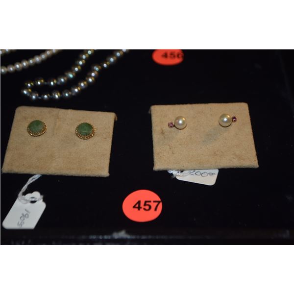 14K STUD EARRINGS (JADE & PEARL W/RUBY) (2 PAIR)
