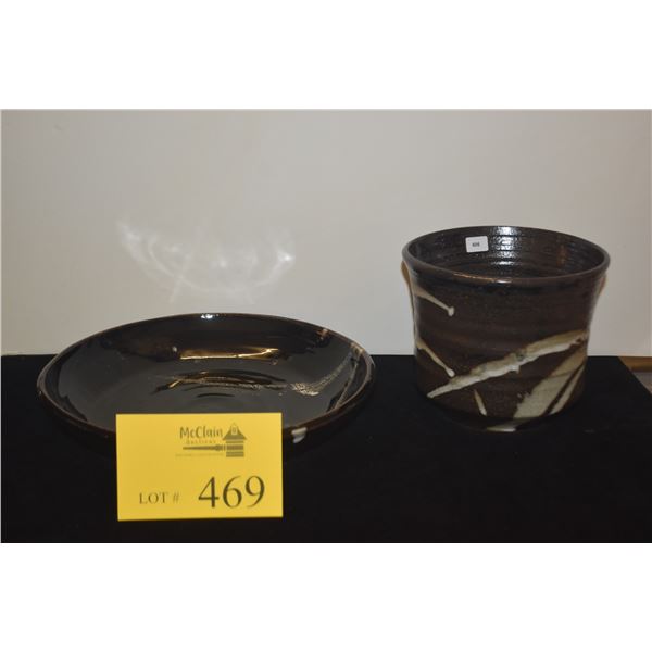 10 1/4" HIGA CERAMIC PLATE (BLACK & WHITE GLAZE STROKES) & FLOWER POT W/BROWN & WHITE GLAZE (COMBINE