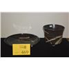 Image 1 : 10 1/4" HIGA CERAMIC PLATE (BLACK & WHITE GLAZE STROKES) & FLOWER POT W/BROWN & WHITE GLAZE (COMBINE