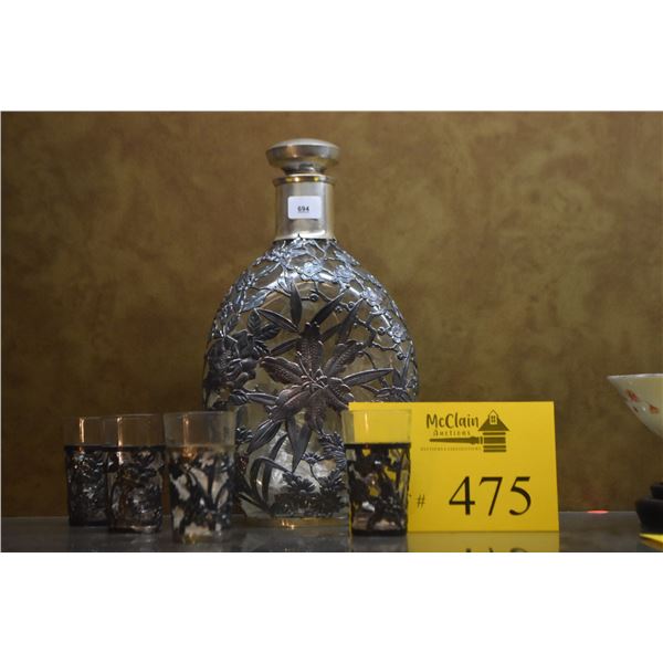 CHINESE EXPORT DECANTER & 6 GLASSES, OPENWORK SILVER FLORAL OVERLAY (7 PCS)