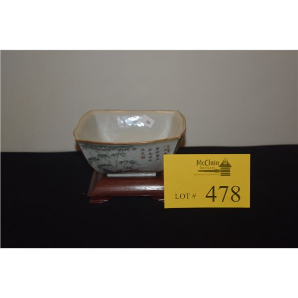 CHINESE SQUARE BOWL, POLYCHROME BAMBOO PAINTING & POEMS; SIGNED W/STAND