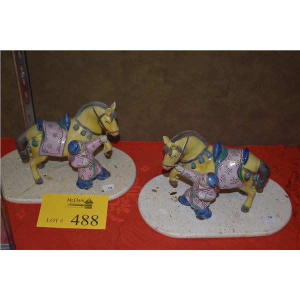 2 PCS CHINESE CERAMIC FOLK ART SCULPTURES OF HORSE & GROOM, POLYCHROME W/STANDS (6 1/2" X 5 1/2" X 4