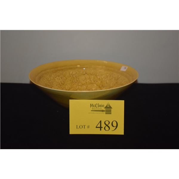 CHINESE YELLOW GLAZED CERAMIC BOWL, MOLDED INTERIOR IN FLORAL MOTIF & GOOD LUCK CHARACTERS (SMALL CH