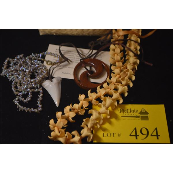 PUAKENIKENI LEI; SIGNED LANI, WOOD KORU PENDANT, FAUX SHARK'S TOOTH, SHELL NECKLACE & KAHELELANI CAR