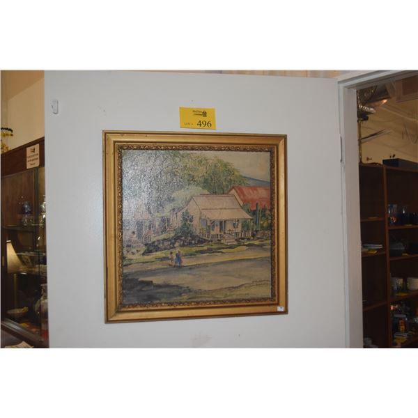 FRAMED VINTAGE WATERCOLOR ON BOARD, HAWAIIAN STREET SCENE; SIGNED GENE LYNCH (21 1/2" X 21 1/2")