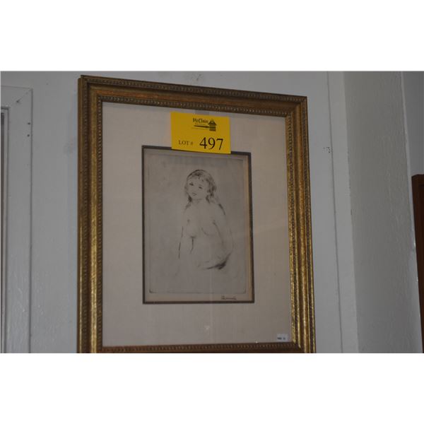 FRAMED DRYPOINT ETCHING, "ETUDE POUR UNE BAIGNEUSE"; RENOIR (16 1/4" X 19")
