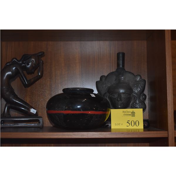 BALINESE HAND-CARVED WOOD SCULPTURE ON STAND, BURNISHED BLACKWARE POTTERY VESSEL, ART GLASS VASE W/C