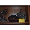 Image 1 : BALINESE HAND-CARVED WOOD SCULPTURE ON STAND, BURNISHED BLACKWARE POTTERY VESSEL, ART GLASS VASE W/C