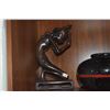 Image 2 : BALINESE HAND-CARVED WOOD SCULPTURE ON STAND, BURNISHED BLACKWARE POTTERY VESSEL, ART GLASS VASE W/C