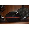 Image 3 : BALINESE HAND-CARVED WOOD SCULPTURE ON STAND, BURNISHED BLACKWARE POTTERY VESSEL, ART GLASS VASE W/C