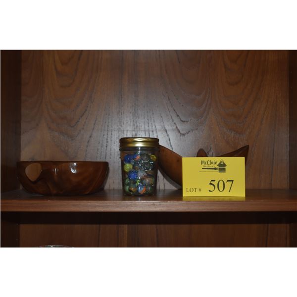 KAMANI LEAF SHAPED WOOD BOWL; SIGNED SORENSEN, NORFOLK PINE BOWL; SIGNED JERRY KERMODE & JAR OF MARB
