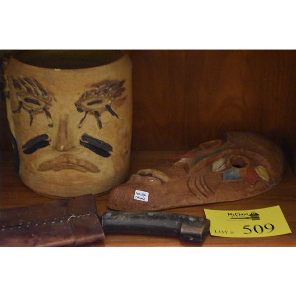 WOOD MASK, TRIBAL POTTERY, NECK REST & KNIFE (4 PCS)