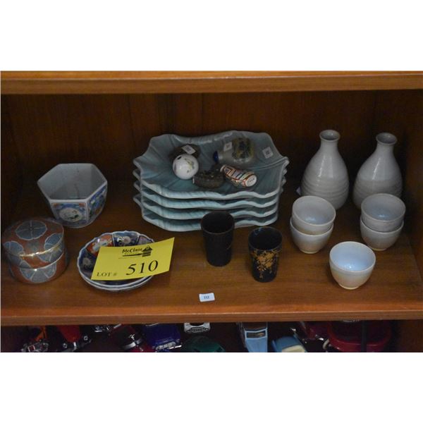 MIXED LOT: SAKI SET, LACQUER CUPS, SNUFF BOTTLES, SCROLL WEIGHT, PLATES, DISHES, CUP & COVERED BOX (