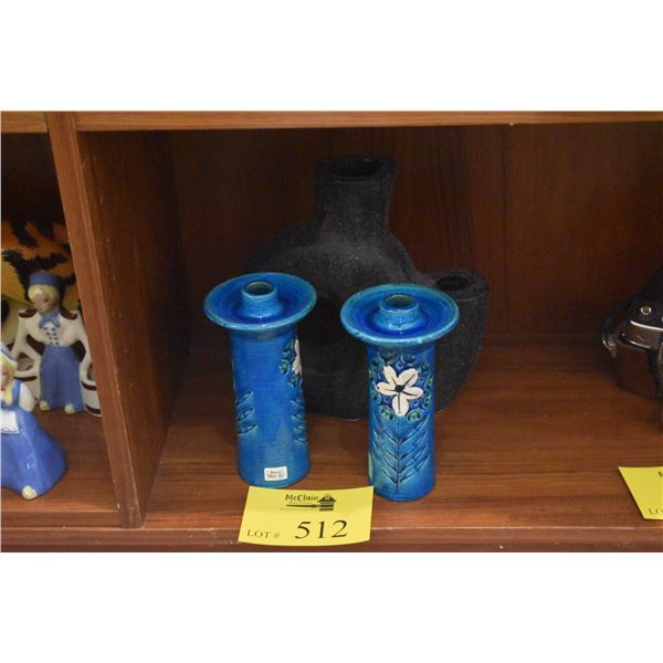 MID CENTURY BLACK CERAMIC VASE & 2 BLUE BITOSSI CANDLE HOLDERS (3 PCS)
