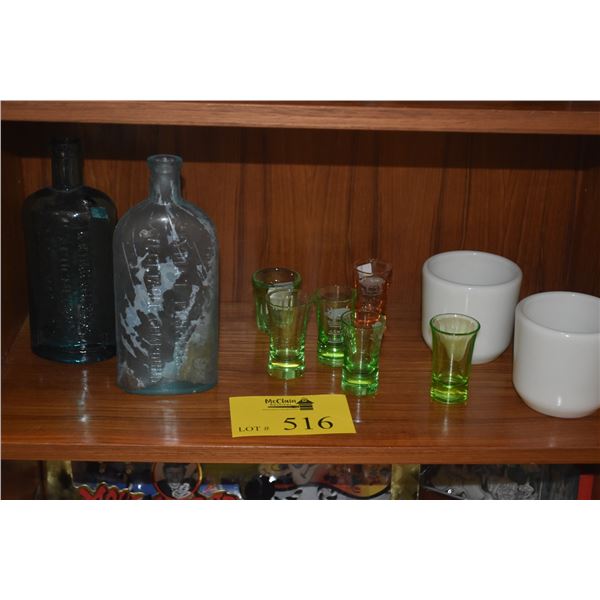 MEDICINE BOTTLES, CORNING MUGS & SHOT GLASSES (10 PCS)
