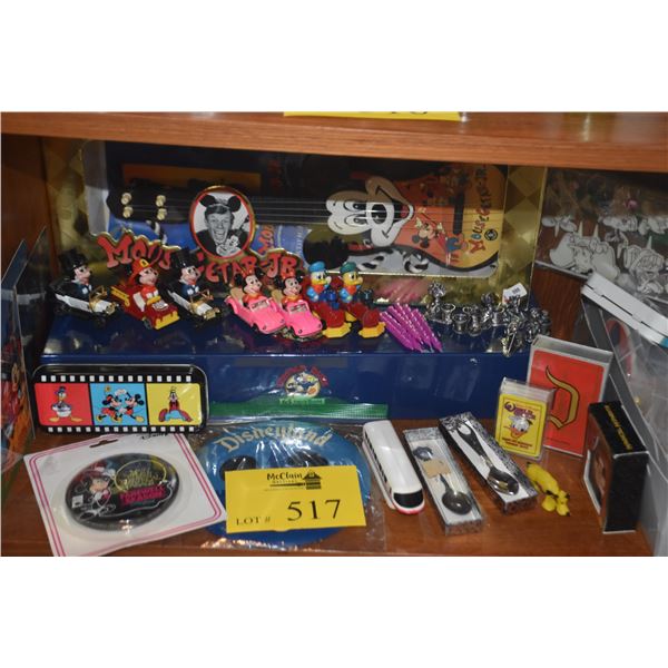 LARGE LOT OF DISNEY COLLECTIBLES: PINS, BUTTONS, SPOONS, MICKEY GUITAR, CARDS, CANDLE HOLDERS, FIGUR