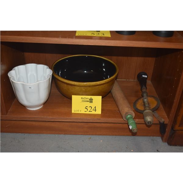 CERAMIC MIXING BOWL, CAKE MOLD, ROLLING PIN & ANTIQUE MANUAL HAND DRILL (4 PCS)