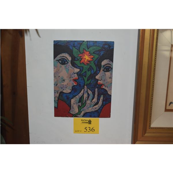 MIXED MEDIA PAINTING ON BOARD BY MURRAY TURNBULL, GIRLS W/FLOWER (9" X 12")