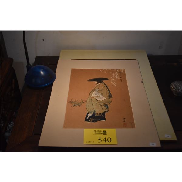 WOODBLOCK PRINT, TITLED "SUMIDAGAWA" BY TSUKIOKA KOGYA & CHINESE POLYCHROME PAINTING ON SILK, SEATED