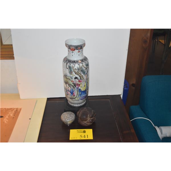 CHINESE FAMILLE ROSE PORCELAIN VASE (CRACKED), WEEPING BUDDHA WOOD SCULPTURE & CARVED CONTAINER (3 P