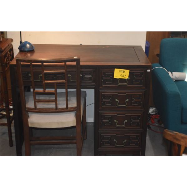 CHINESE VINTAGE BLACKWOOD CARVED DESK W/ 6-DRAWERS & CHAIR (2 PCS)