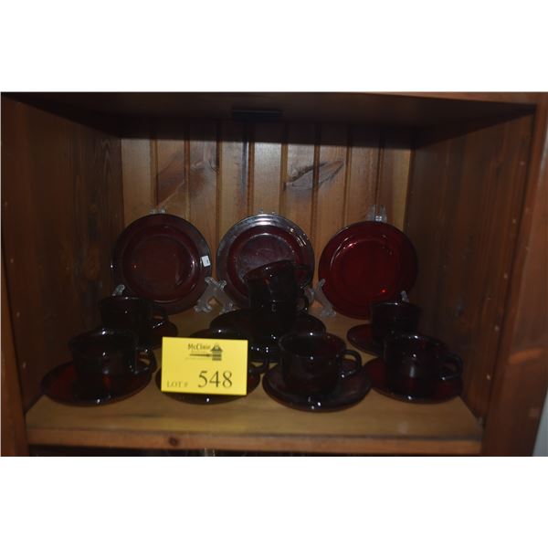COLLECTION OF RUBY RED PLATES, CUPS & SAUCERS (24 PCS) (DOES NOT INCLUDE STAND)