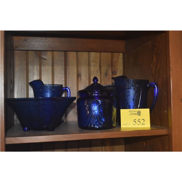COLLECTION OF COBALT BLUE "ROYAL LACE" DEPRESSION GLASS PITCHERS, BOWLS & COOKIE JAR (6 PCS)